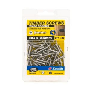 Zenith 8G x 25mm Chrome Plated Countersunk Head Hinge Timber Screws - 100 Pack