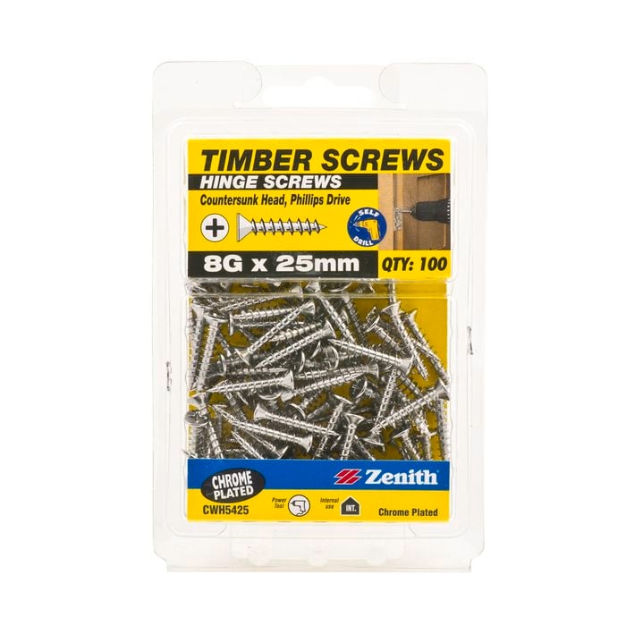 Zenith 8G x 25mm Chrome Plated Countersunk Head Hinge Timber Screws - 100 Pack