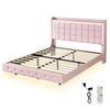 Levede Pink Floating Velvet Bed Frame with LED and Charging Station - Queen