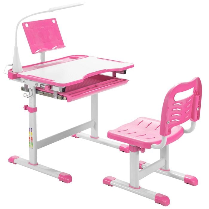 Costway Kids Study Desk&chair Set With Book Stand&led Light Pink
