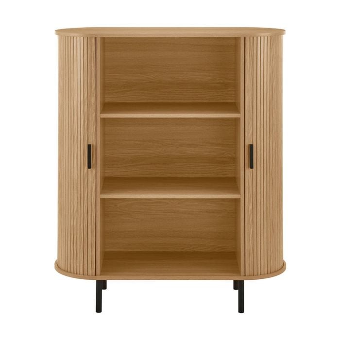 Design Square Galene 3-Tier Tall Bookcase Display Shelves Cabinet 2-Doors Slat Oak