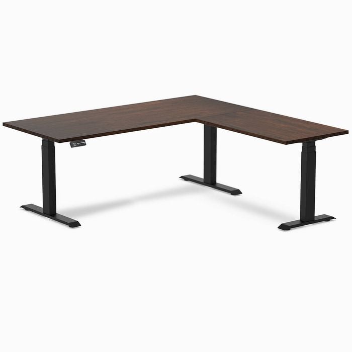 Desky L-Shape Sit to Stand Dark Walnut Rubberwood Desk 1800x750x1750x600mm Matte Black Leg
