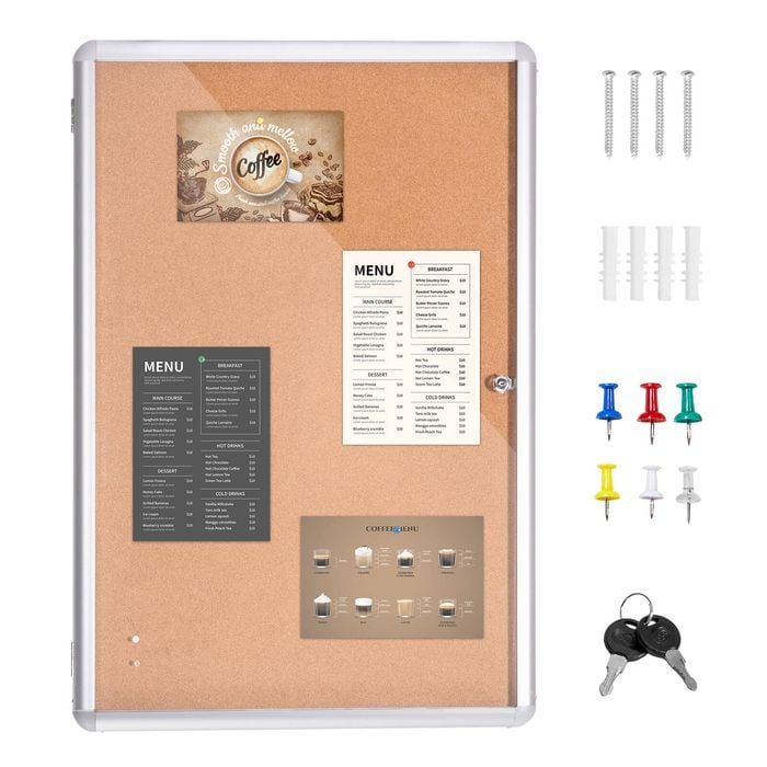 Vevor 91.44 X 60.96 Cm Enclosed Cork Board Silver With Aluminum Frame Acrylic Door 2 Keys Weather-resistant