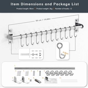 Stainless Steel Utensil Rack with 8 Hooks - 20 Wall Mount Hanger for Kitchen Utensils