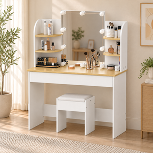 Ufurniture 10 LED Bulb Dressing Table with Open Shelves Drawers White-Natural