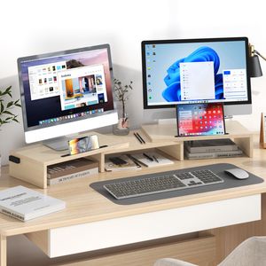 Advwin Dual Monitor Stand Riser Adjustable Length and Angle with 2 Slot Wood