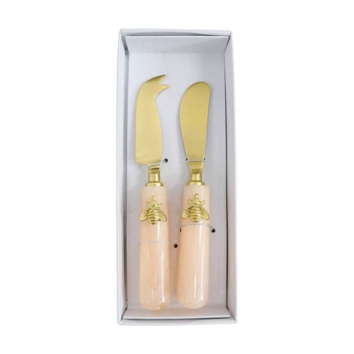 2pc Lvd Entertaining Mix Bee Cheese Knife Marbleised Resin Set Gold/pink