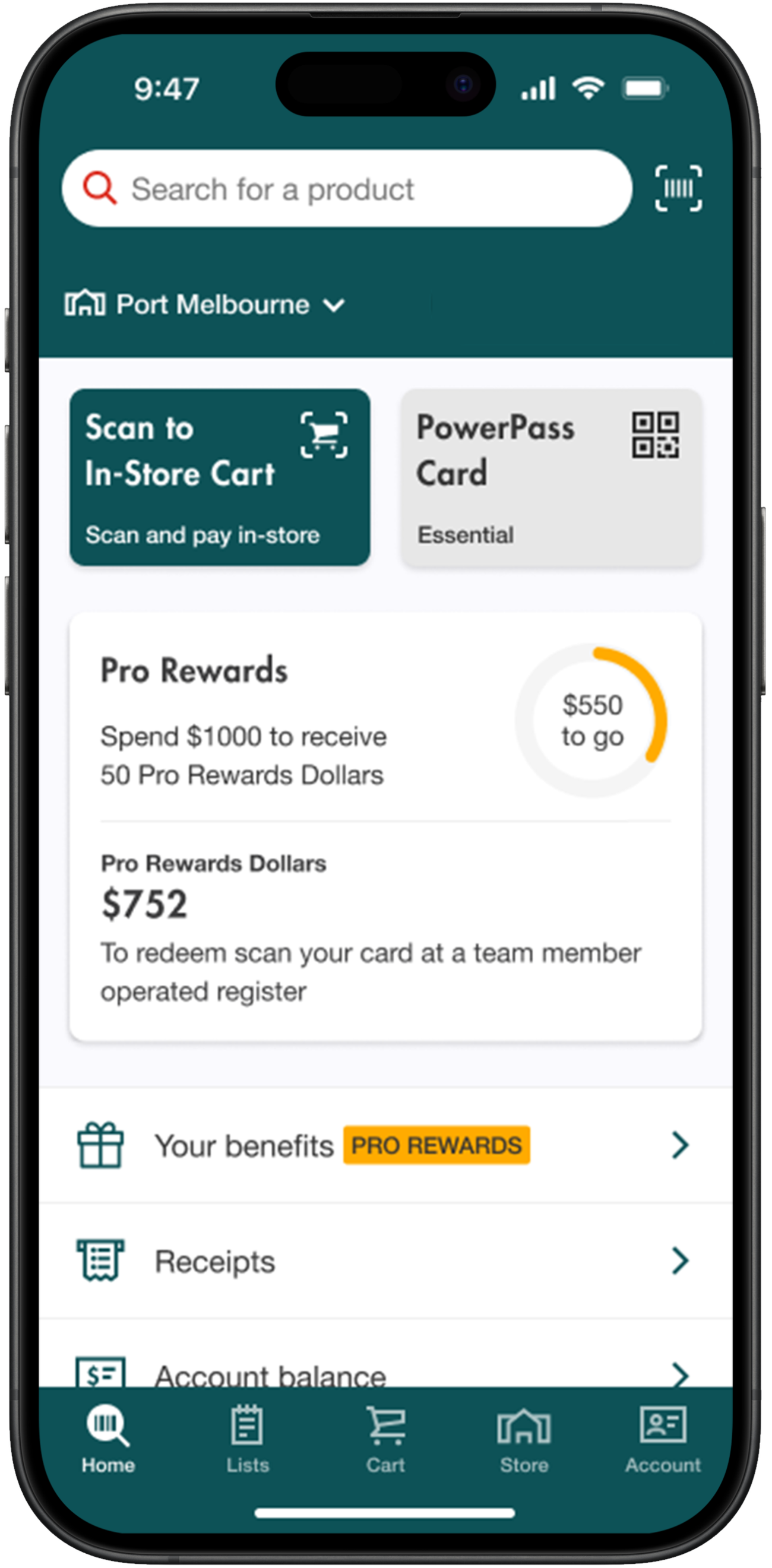 PowerPass Pro Rewards App Dashboard on a phone