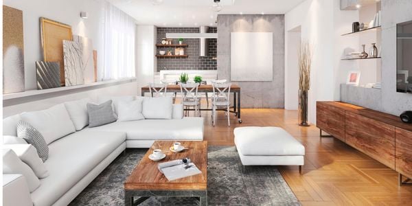 Modern open plan living and dining area.