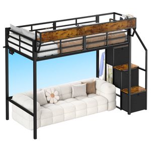 Ufurniture Single Loft Bed with Power Outlet & LED Lighting Metal Bed with Built-in Staircase and Hanging Rod Black+Brown
