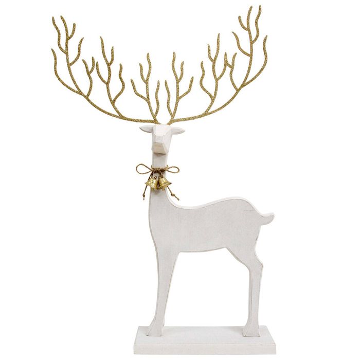 LVD Wooden Mystical Reindeer Sculpture Christmas Decoration Large White/Gold
