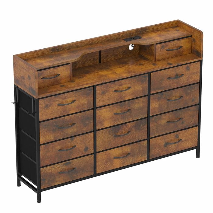Ufurniture Chest Of 14 Fabric Drawers With Charging Station, Hooks & Open Shelf For Bedroom, Hallway,wood Top, Brown