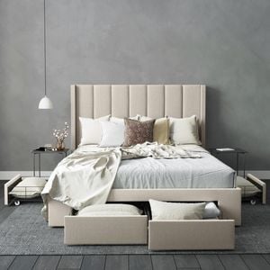 Emilie Queen Beige Four Large Drawers Storage Bed Frame with Wings