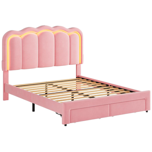 Ufurniture LED Velvet Upholstered Bed Frame with Adjustable Headboard and Charging Station Double Pink