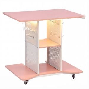 Advwin LED Gaming Desk w/ Power Outlets Rolling Computer Desk w/ Pegboards Pink