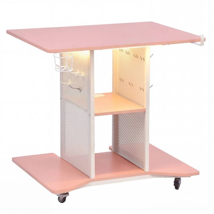 Advwin LED Gaming Desk w/ Power Outlets Rolling Computer Desk w/ Pegboards Pink