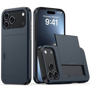 For Apple iPhone 18 Pro Max /17 Pro Max Slide Armor Card Holder Wallet Protective Shockproof Hard Back Cover (Navy Blue)