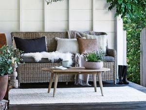 Trendy couch and table setting with cushions, a throw and pot plants.