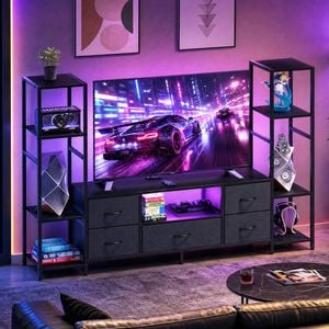 Advwin 185cm LED TV Unit Cabient w/ Bookshelf  Entertainment Center w/ Power Outlet & 5 Fabric Drawers Black