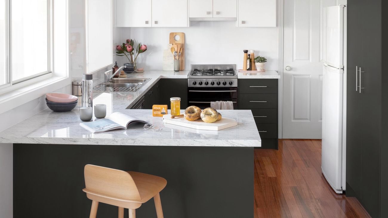 L-shaped kitchen.