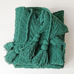 CottonMore Acrylic Chenille Knitted Blanket Herringbone Tassel Throw Rug 130x160cm - Dark Green