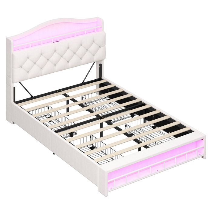 Ufurniture Princess Double Bed Frame with LED Lights, Charging Station & 4 Drawers Velvet Upholstered Platform Bed Beige
