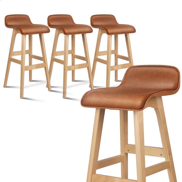 ALFORDSON Set of 4 Wooden Bar Stools 74cm Kitchen Dining Chair Leather Samuel Brown