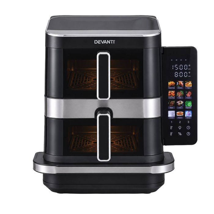 Devanti 12L Dual Basket Air Fryer 10 Inch Pizza Maker Black