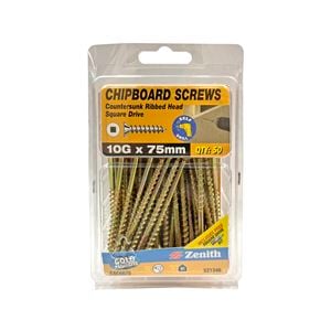 Zenith 10G x 75mm Gold Passivated Square Drive Chipboard Screw - 50 Pack