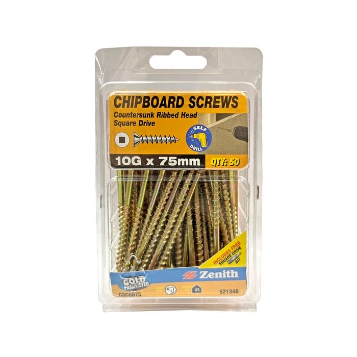 Zenith 10G x 75mm Gold Passivated Square Drive Chipboard Screw - 50 Pack