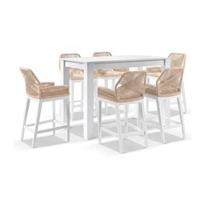 Santorini Outdoor 1.5m Bar Table White With 6 Hugo Aluminium And Rope Stools & Cream Rope/cream Cushions