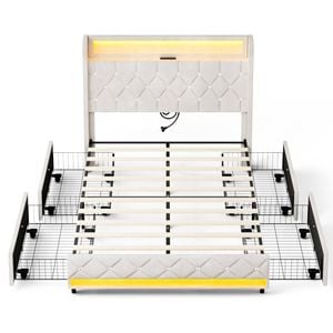 Ufurniture Upholstered Bed Frame Luxury Crystal Button Tufted Headboard with LED Lights and Storage Drawer Queen Bed Beige