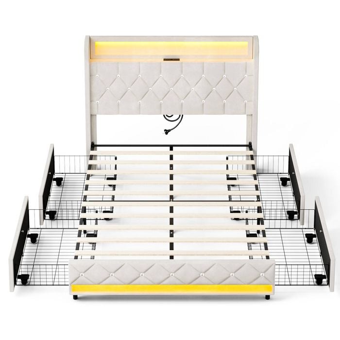 Ufurniture Upholstered Bed Frame Luxury Crystal Button Tufted Headboard with LED Lights and Storage Drawer Queen Bed Beige