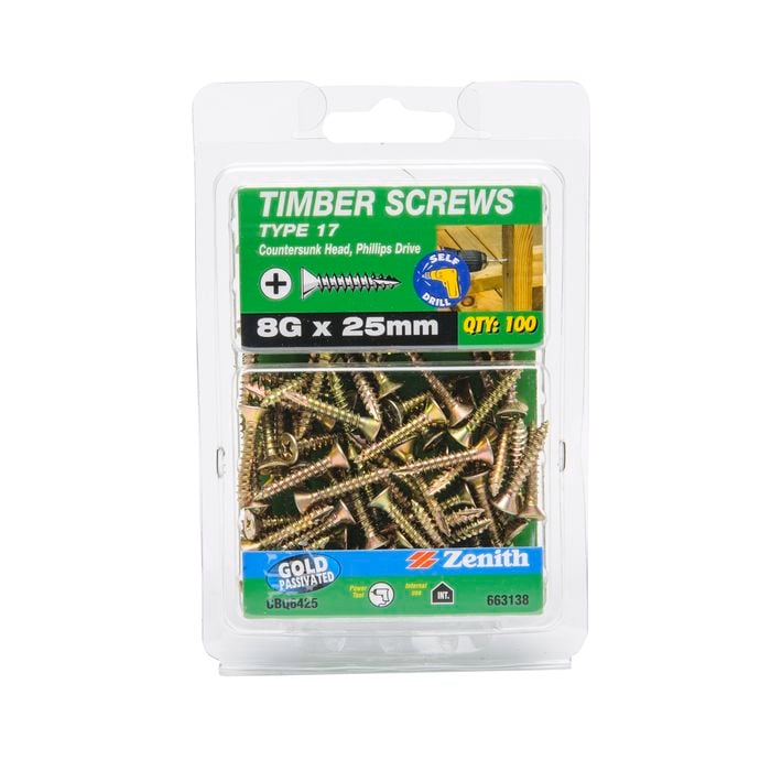 Zenith 8G x 25mm Gold Passivated Type 17 Countersunk Head Timber Screws - 100 Pack