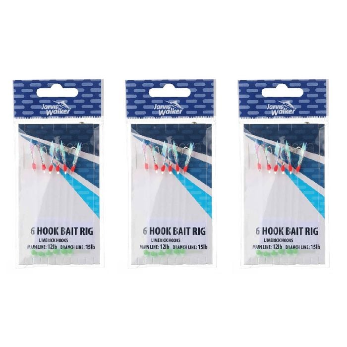3x Jarvis Walker 6 Hook Bait Rig 12lb Main Line & 15lb Branch Line - Size 8