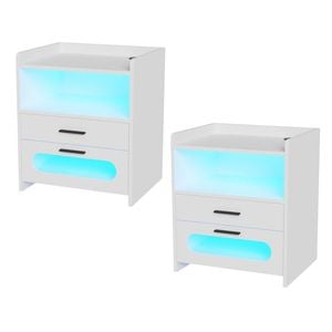 Ufurniture Bedside Table Set of 2 LED Nightstand 2 Drawers with Wireless Charging Station and USB Port White