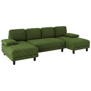Advwin 280cm 4 Seater Sectiona Sofa Corduroy Fabric U Shape Couch Modern Sofa Couch with Double Chaise Green