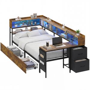 Advwin Single Corner Bed Frame with Desk, Charging Station and Bookcase Storage Brown