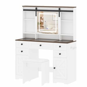 Advwin Farmhouse Makeup Vanity Desk with Sliding LED Mirror & Glass Tabletop Barn Door, Charging Station