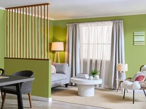 A dining table divided by a lime green wall with a loungeroom setting showing living flexible spaces