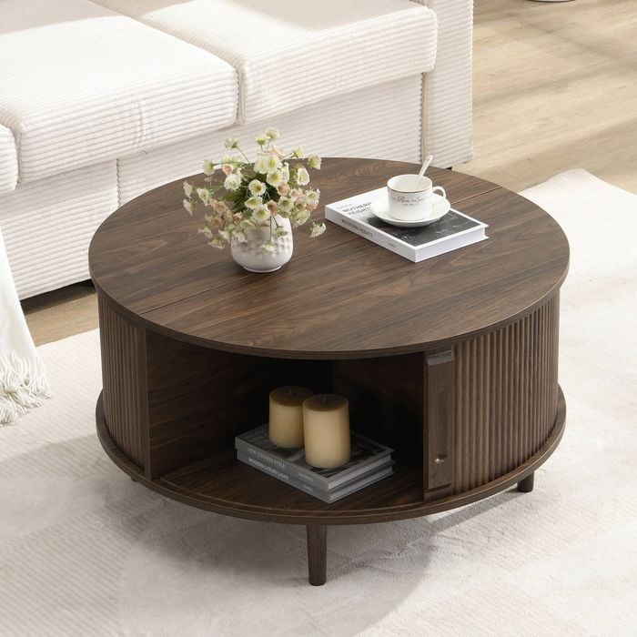 HOMFURN Storage Round Coffee Table, Fluted Center Table with Sliding Cabinet Door, Walnut