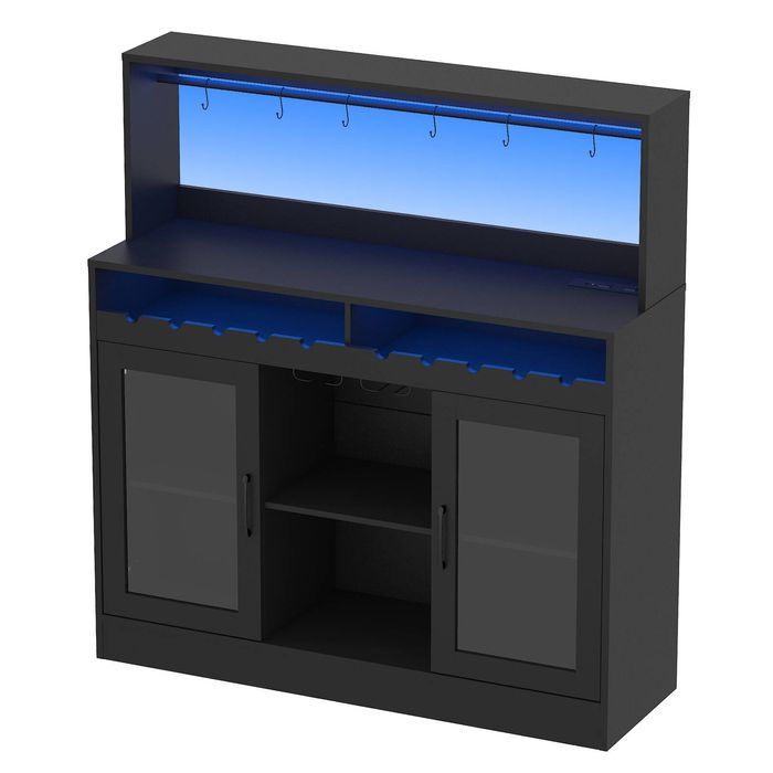 Advwin Wine Bar Cabinet w/ LED Lights Charging Station Glass Holder Black