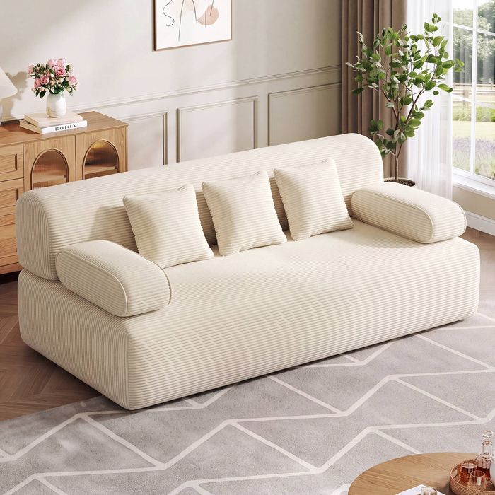 Advwin 200cm 3-Seater Sofa Bed 2 in 1 Convertible Corduroy Compressed Couch Beige
