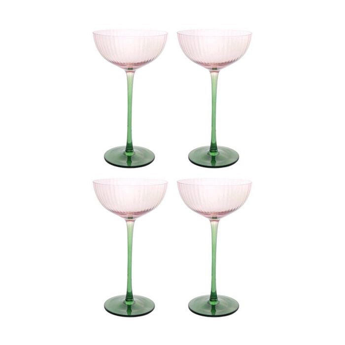 4pk Lvd Moss Ribbed Cocktail Glass Barware/drinkware Decor Green/pink 19x12cm