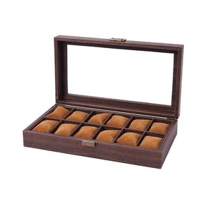 Catzon Watch Box Organizer Retro Wood Grain Watch Display Case With Glass Top-12slot
