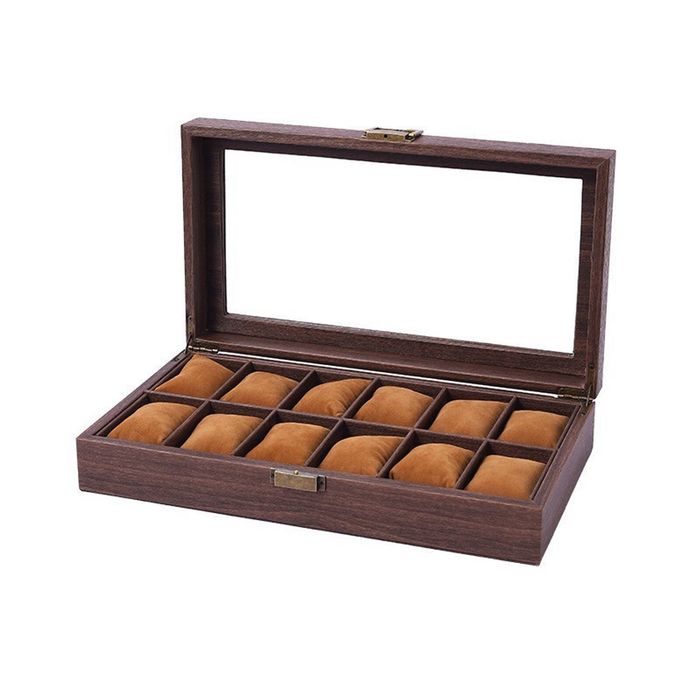 Catzon Watch Box Organizer Retro Wood Grain Watch Display Case With Glass Top-12slot