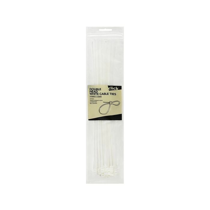 Click 370mm White Double Headed Cable Tie - 25 Pack
