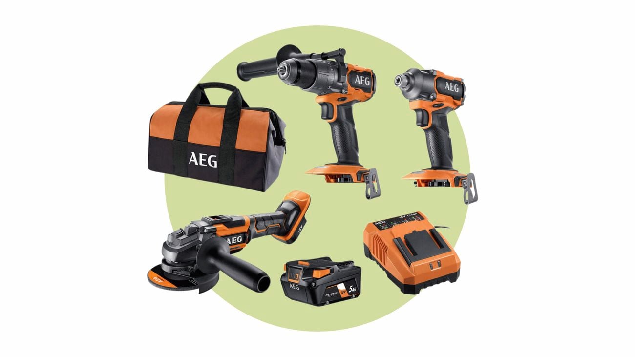 AEG three-piece power tools combo kit with a duffle bag and battery on a light green background.