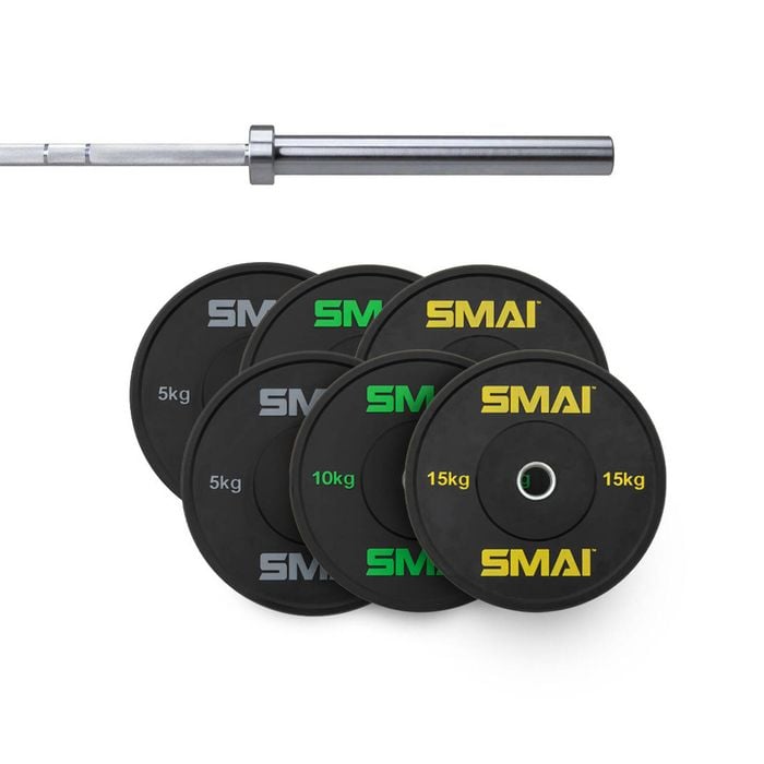 Smai 80kg Hd Bumper Plate Set Inc 20kg Barbell - 20kg Chrome Barbell
