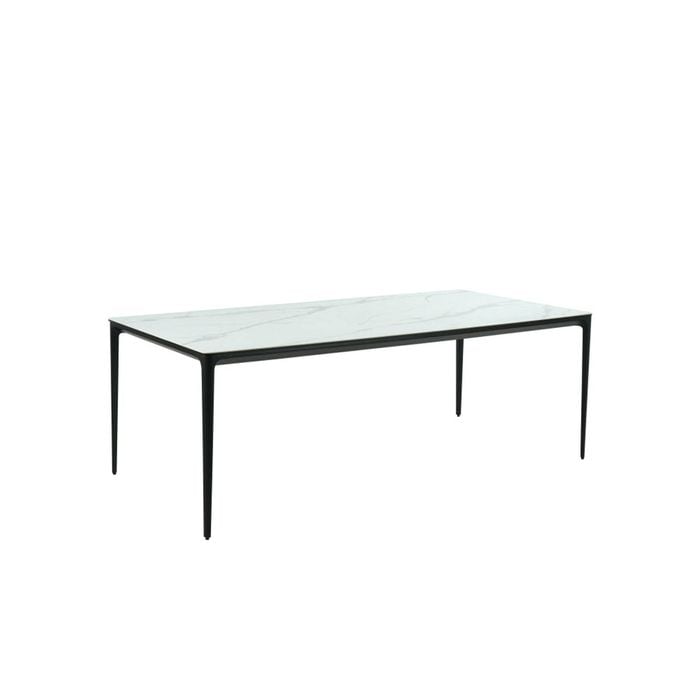 Raimon Furniture Demaris Stone Effect Ceramic Large Outdoor Kitchen Dining Table 210cm Metal Frame White Marble